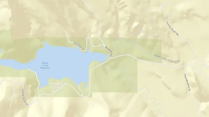 Road map of Willow Creek Reservoir and Dam (CO) reservoir, Colorado, United States