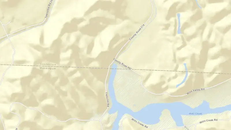 Road map of Wills Creek Lake reservoir, Ohio, United States