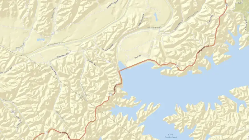 Road map of Wolf Creek Dam reservoir, Kentucky, United States