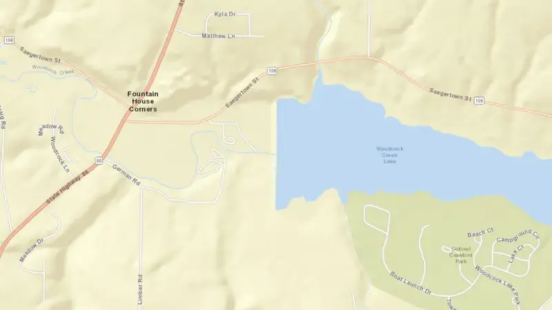 Road map of Woodcock Creek Lake, PA reservoir, Pennsylvania, United States