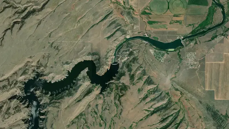 Satellite view of Yellowtail Dam & Reservoir reservoir, Montana, United States