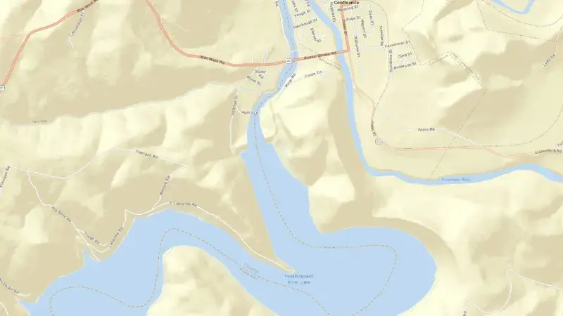 Road map of Youghiogheny Lake, PA (Spillway) reservoir, Pennsylvania, United States
