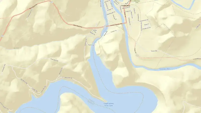 Road map of Youghiogheny River Lake, PA reservoir, Pennsylvania, United States