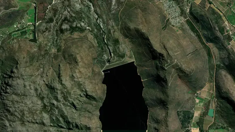 Satellite view of Berg River Dam reservoir, Western Cape, South Africa