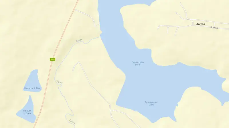 Road map of Binfield Dam reservoir, Eastern Cape, South Africa