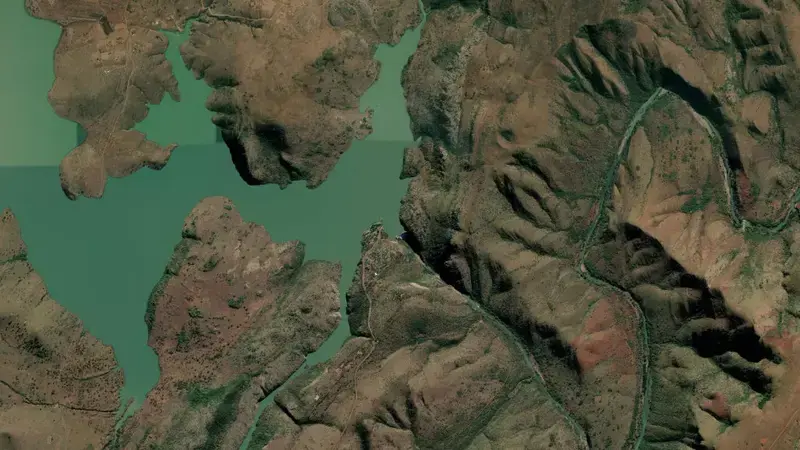 Satellite view of Bivane Dam reservoir, KwaZulu-Natal, South Africa