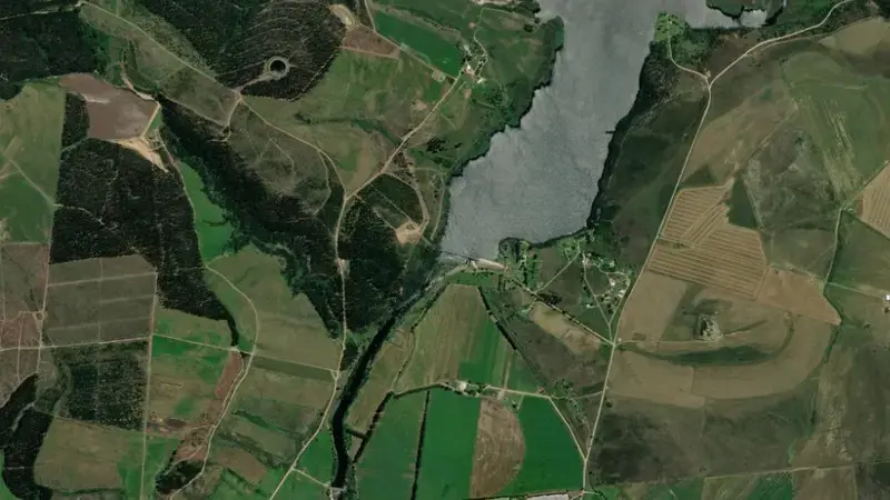 Satellite view of Buffeljags Dam reservoir, Western Cape, South Africa