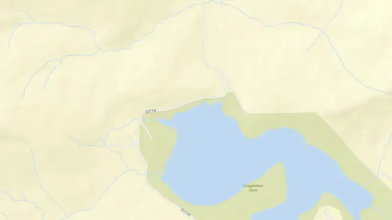 Road map of Craigie Burn Dam reservoir, KwaZulu-Natal, South Africa