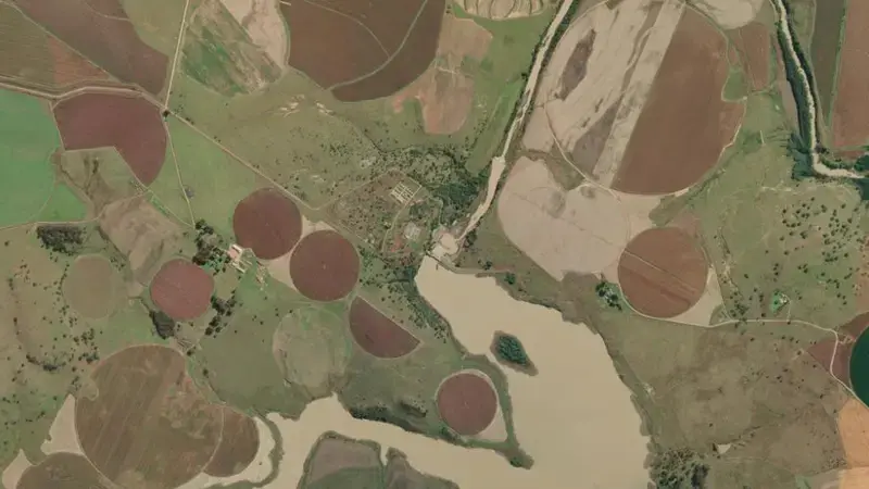 Satellite view of Driel Barrage Dam reservoir, KwaZulu-Natal, South Africa