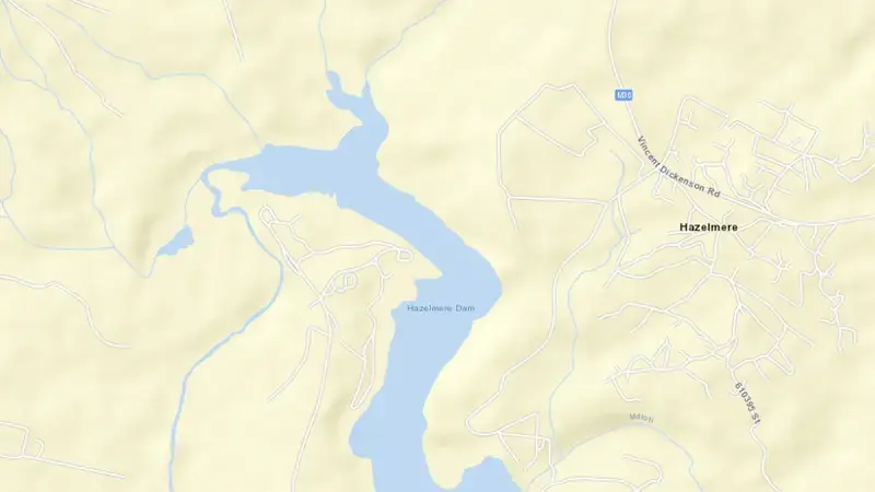 Road map of Hazelmere Dam reservoir, KwaZulu-Natal, South Africa