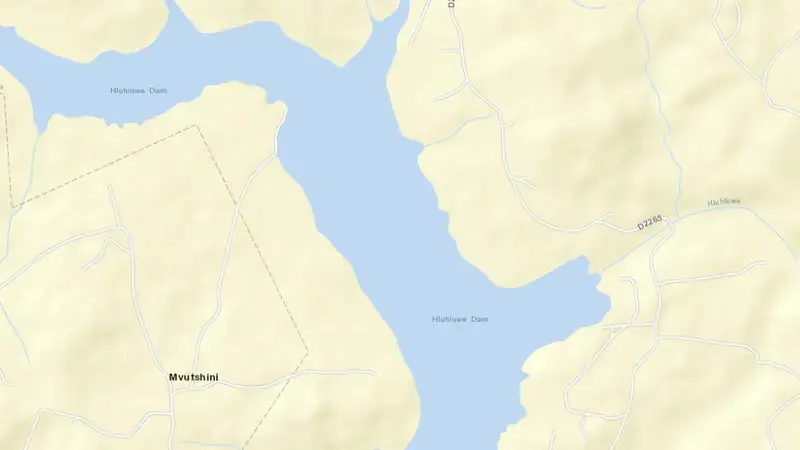 Road map of Hluhluwe Dam reservoir, KwaZulu-Natal, South Africa