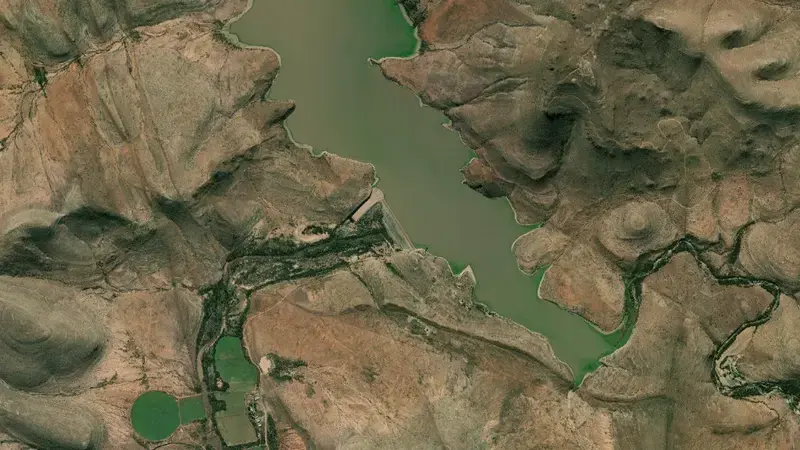 Satellite view of Kommandodrift Dam reservoir, Eastern Cape, South Africa
