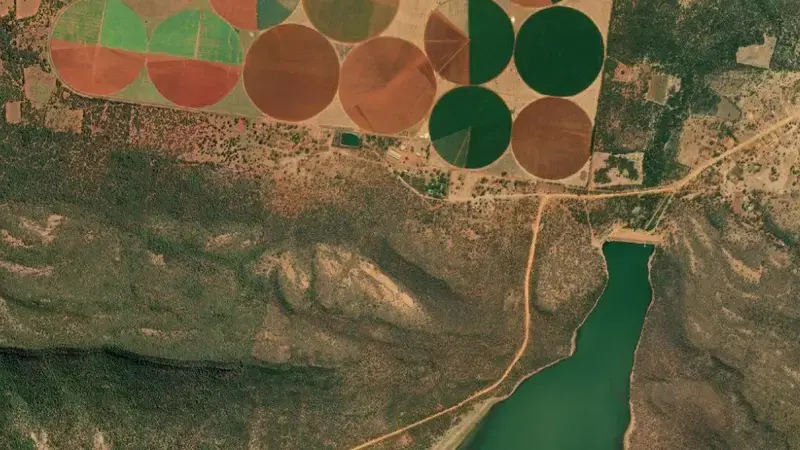 Satellite view of Ngotwane Dam reservoir, North West, South Africa