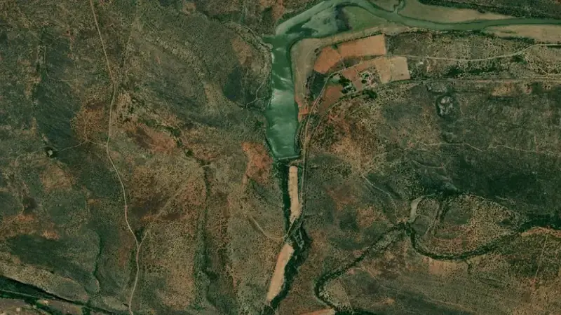 Satellite view of Nuwejaars Dam reservoir, Eastern Cape, South Africa