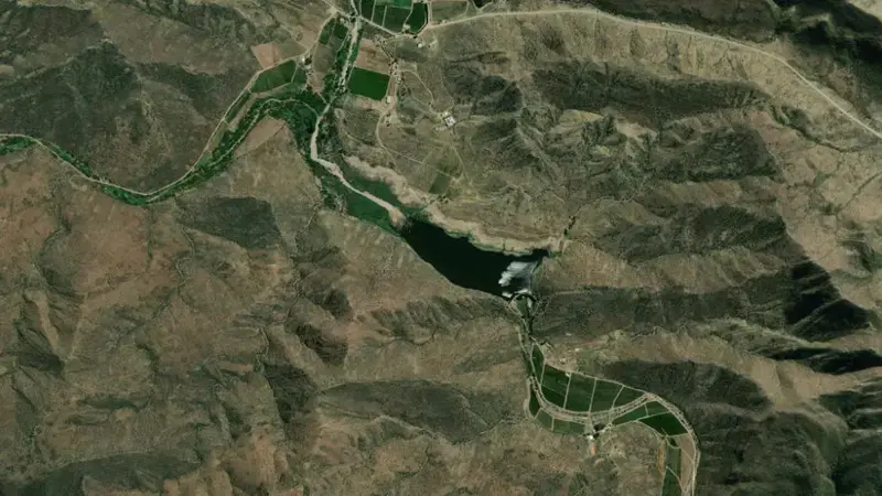 Satellite view of Pietersfontein Dam reservoir, Western Cape, South Africa
