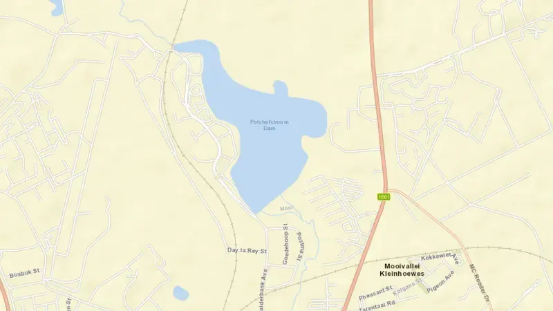 Road map of Potchefstroom Dam reservoir, North West, South Africa