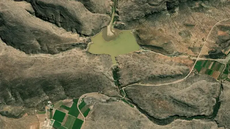 Satellite view of Prinsrivier Dam reservoir, Western Cape, South Africa