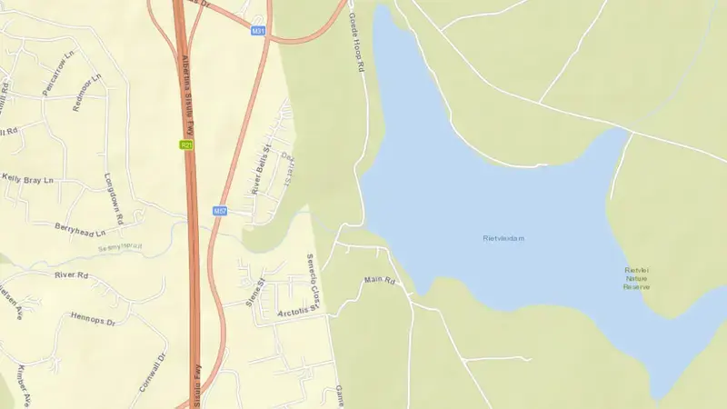 Road map of Rietvlei Dam reservoir, Gauteng, South Africa