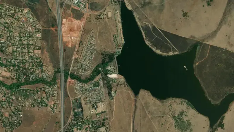 Satellite view of Rietvlei Dam reservoir, Gauteng, South Africa