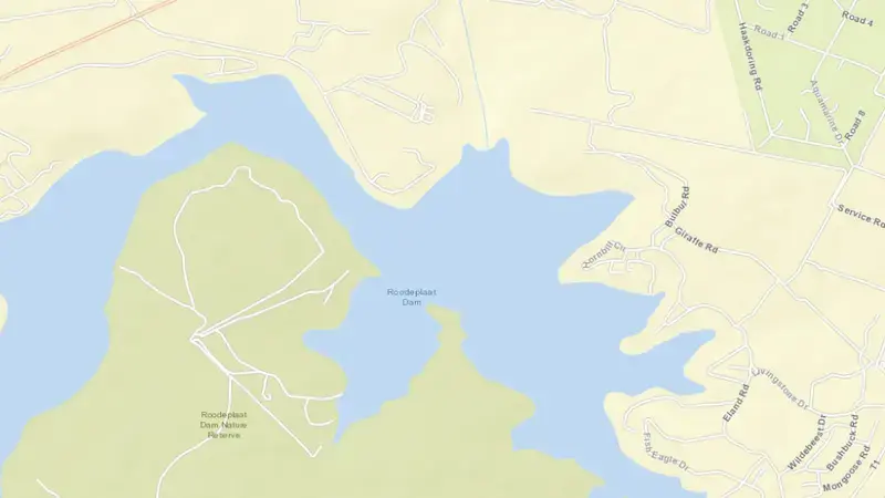 Road map of Roodeplaat Dam reservoir, Gauteng, South Africa