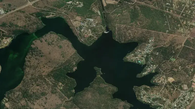 Satellite view of Roodeplaat Dam reservoir, Gauteng, South Africa