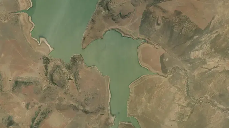 Satellite view of Rustfontein Dam reservoir, Free State, South Africa