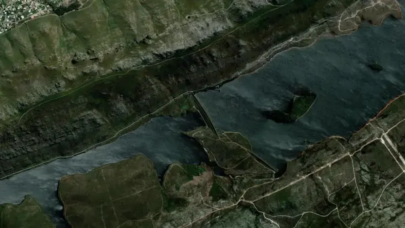 Satellite view of Steenbras-Upper Dam reservoir, Western Cape, South Africa