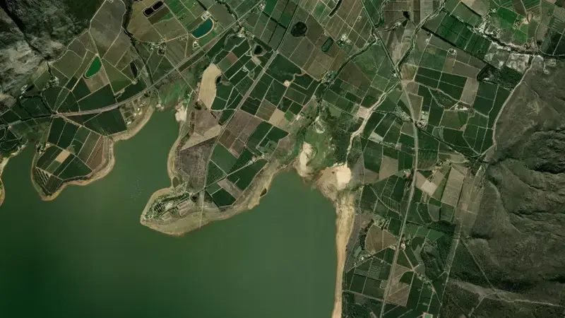 Satellite view of Theewaterskloof Dam reservoir, Western Cape, South Africa