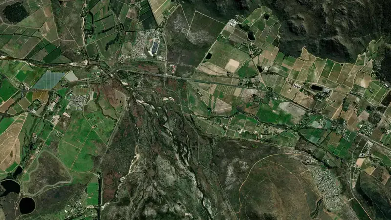 Satellite view of Wemmershoek Dam reservoir, Western Cape, South Africa